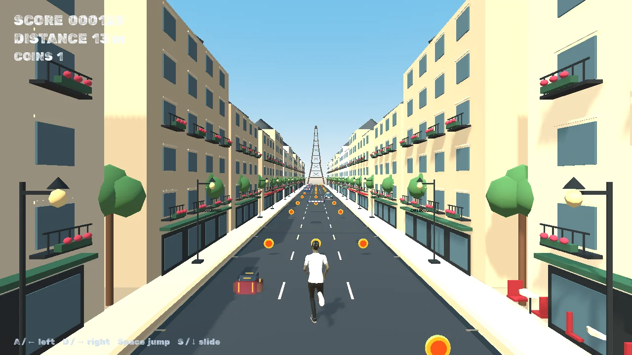 Captured American Escape gameplay in Paris, with a runner, coins, and the tower ahead